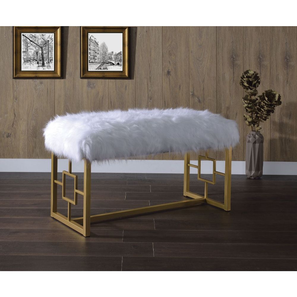 ACME Bagley II - Bench - White Faux Fur & Gold - 21" | Meri Furniture