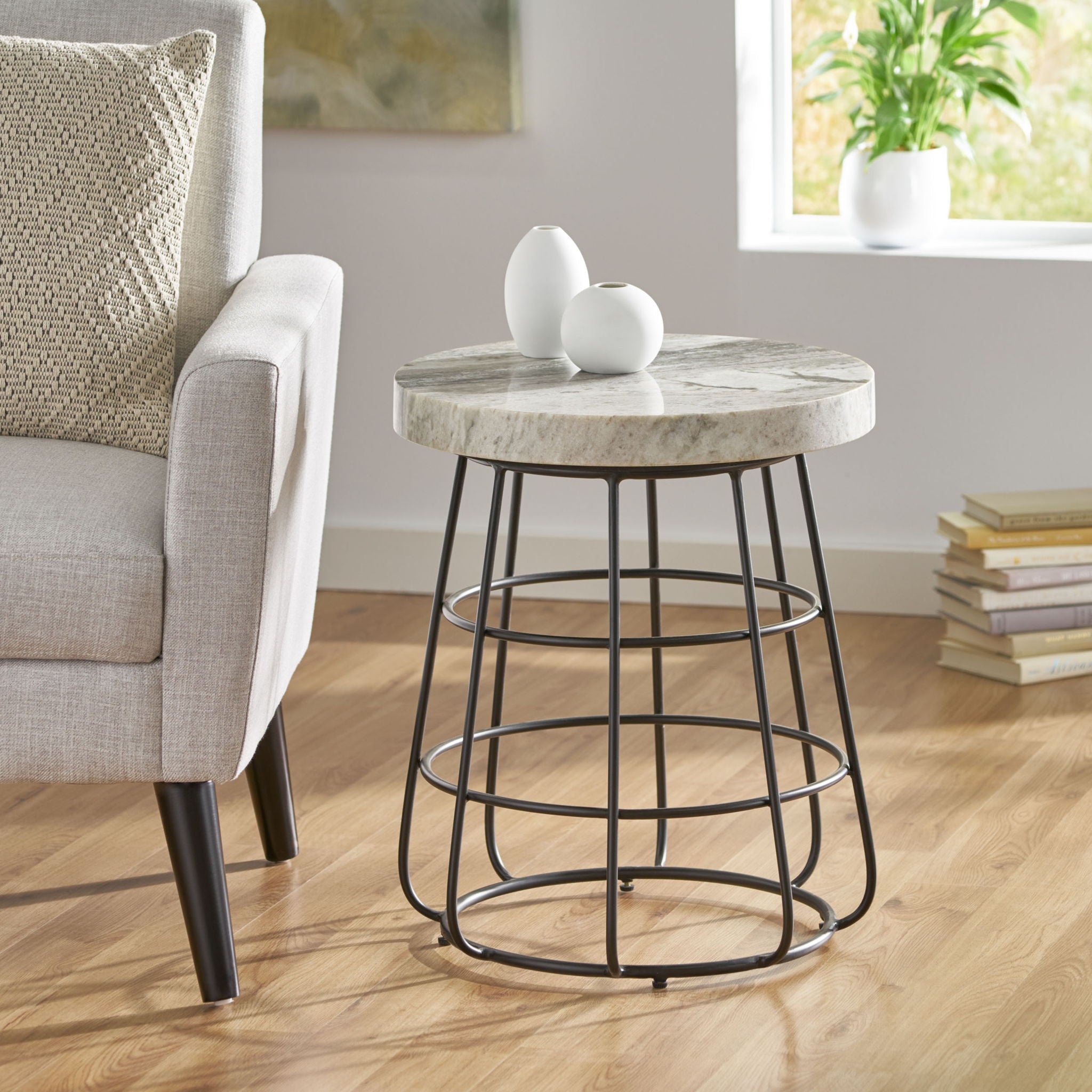 Side Table With Marble Top And Iron Base - Black / White