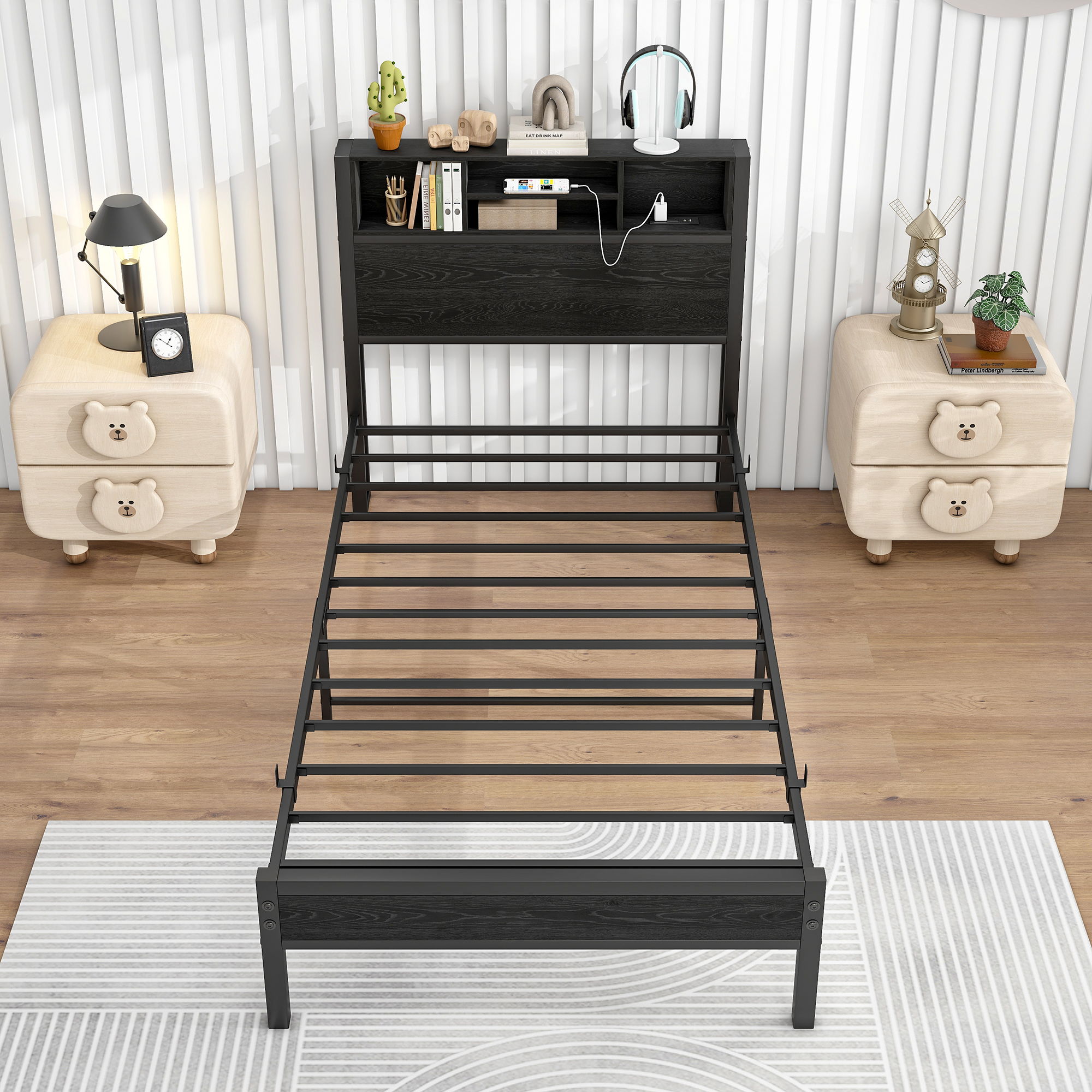 Modern Metal Platform Bed Frame With Storage Headboard And Charging Station