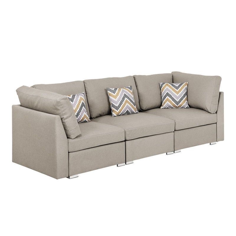 Amira 95.3"W Beige Fabric Sofa Couch with Pillows