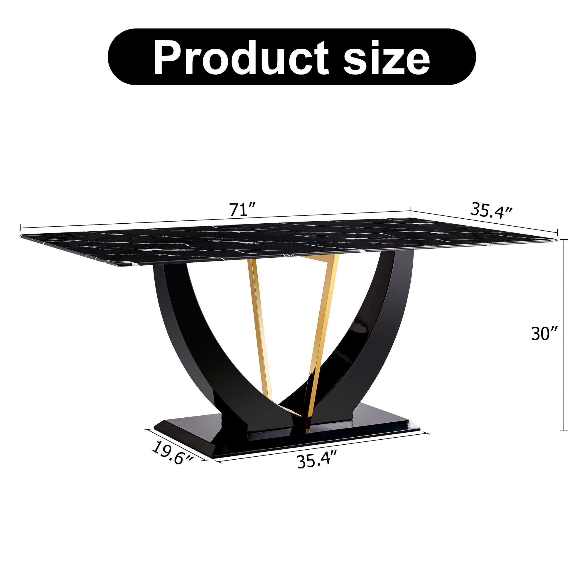 Modern Minimalist Luxurious Imitation Marble Dining Table Rectangular Office Desk With Tempered Glass - Black