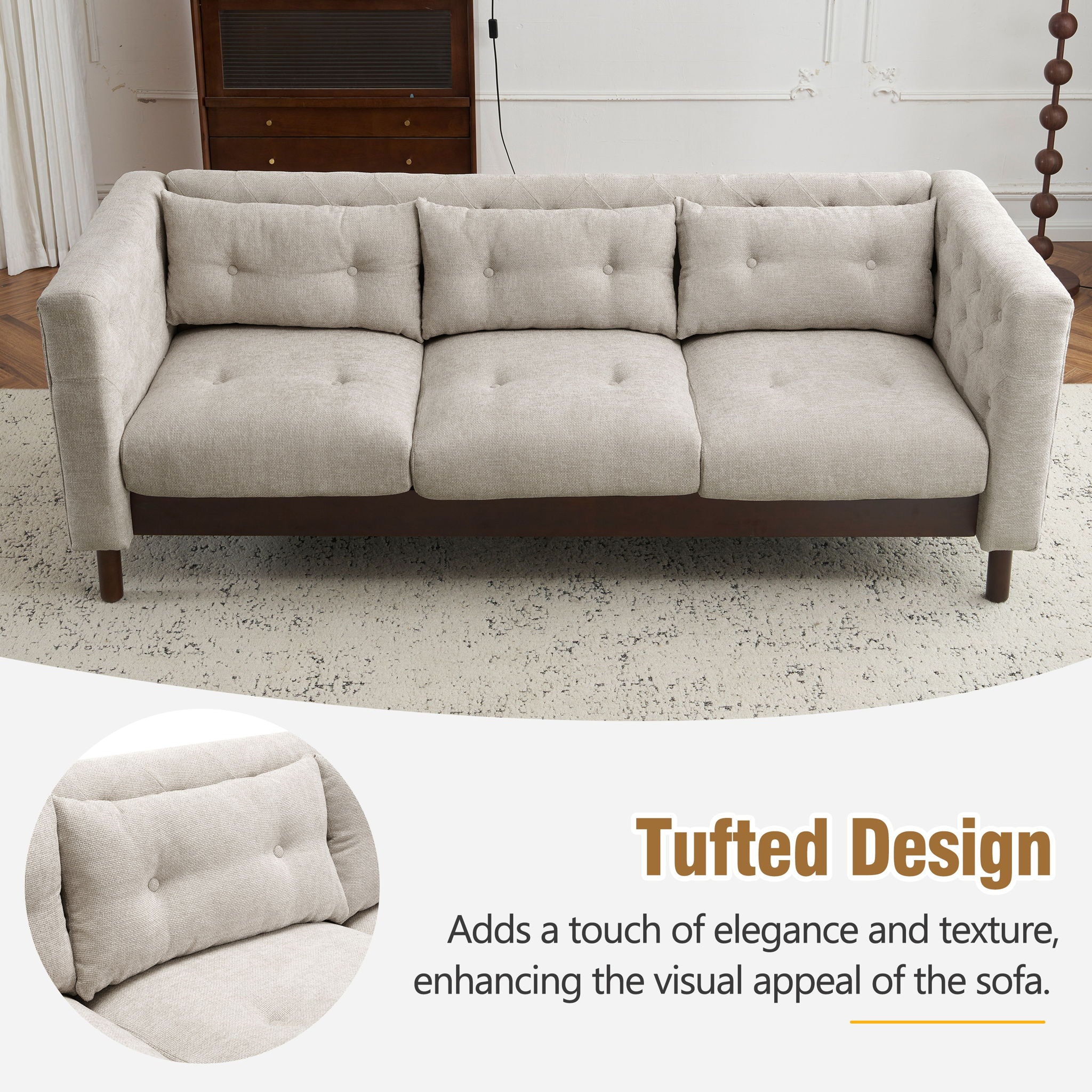 Upholstered Sofa Modern 3 Seater Sofa Couch With Tufted Design For Living Room