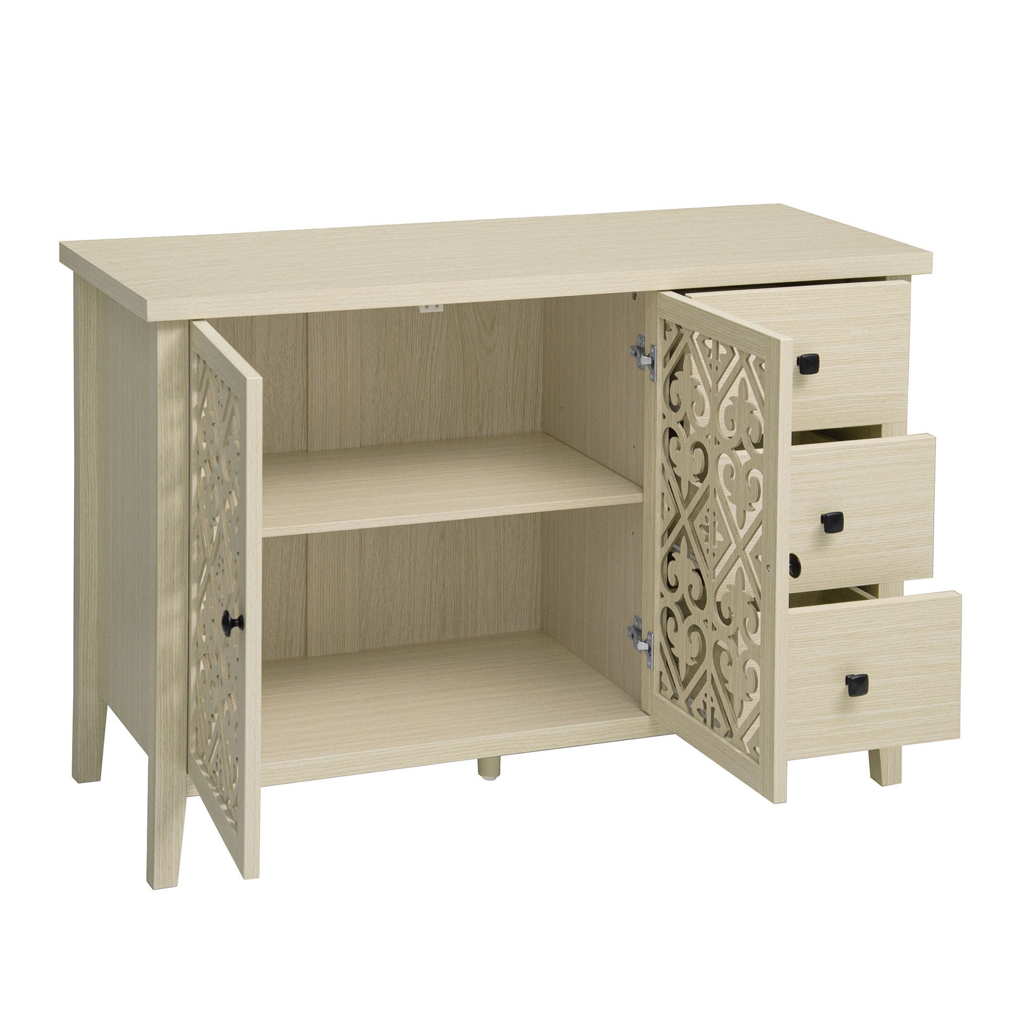 Hollowed Out Cabinet With 2 Door 3 Drawers, American Furniture, Suitable For Bedroom, Living Room, Study - Natural
