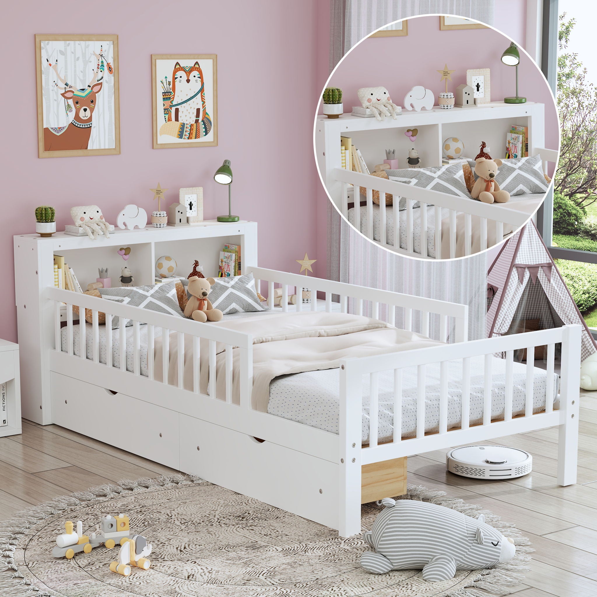 Bed With Headboard Storage Rack, 2 Under Bed Drawers, 3 Side Guardrails For Safety