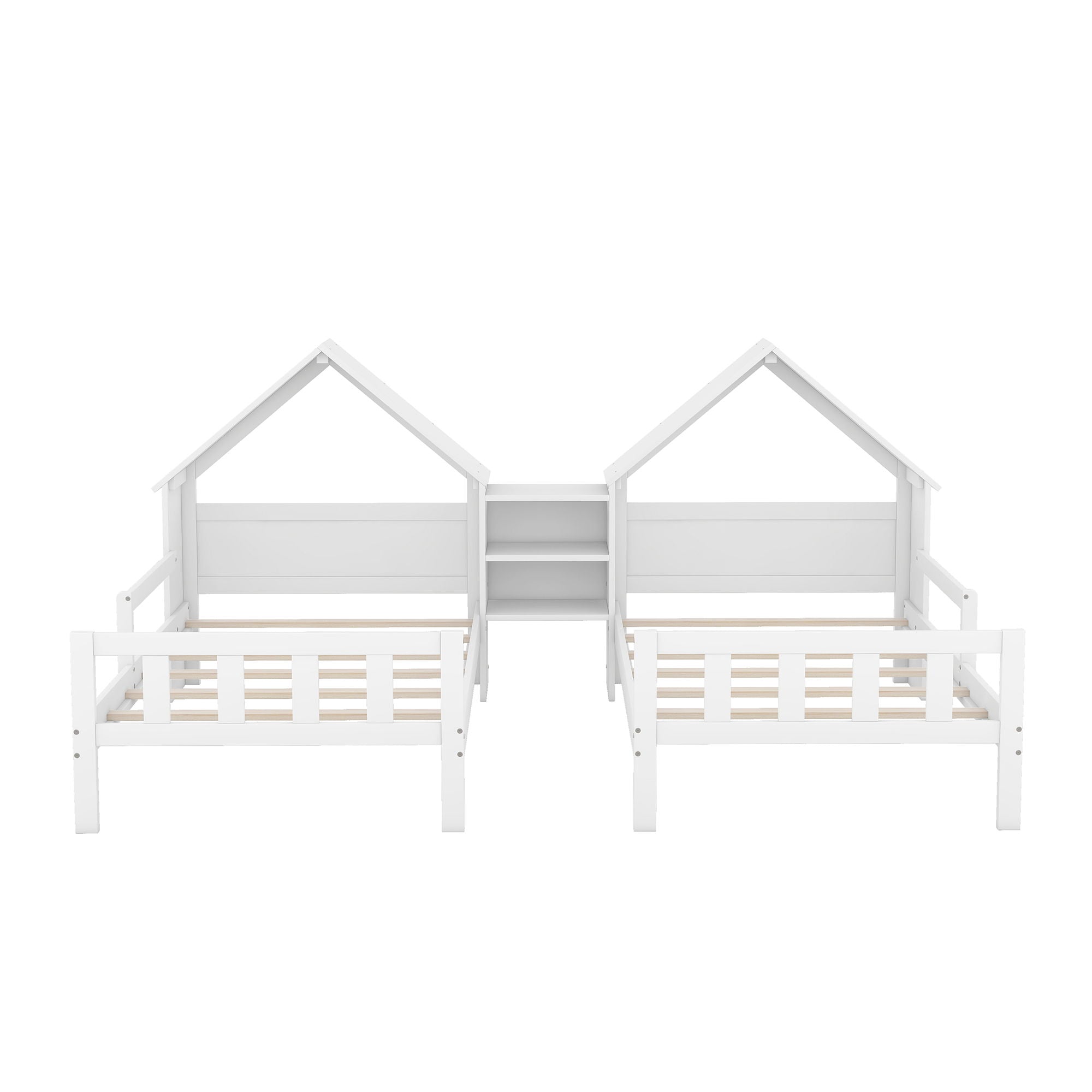 Double Platform Bed With House Shaped Headboard And Built In Nightstand