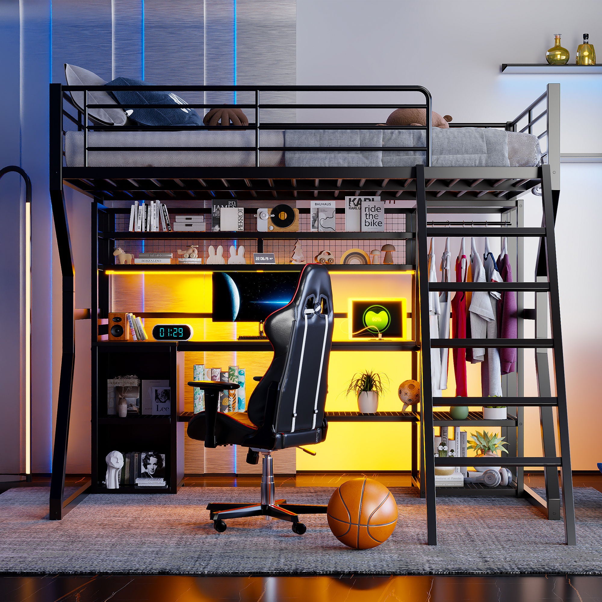 Full Size Gaming Loft Bed With Built In Work Station, Open Wardrobe, LED And Multiple Storage - Black