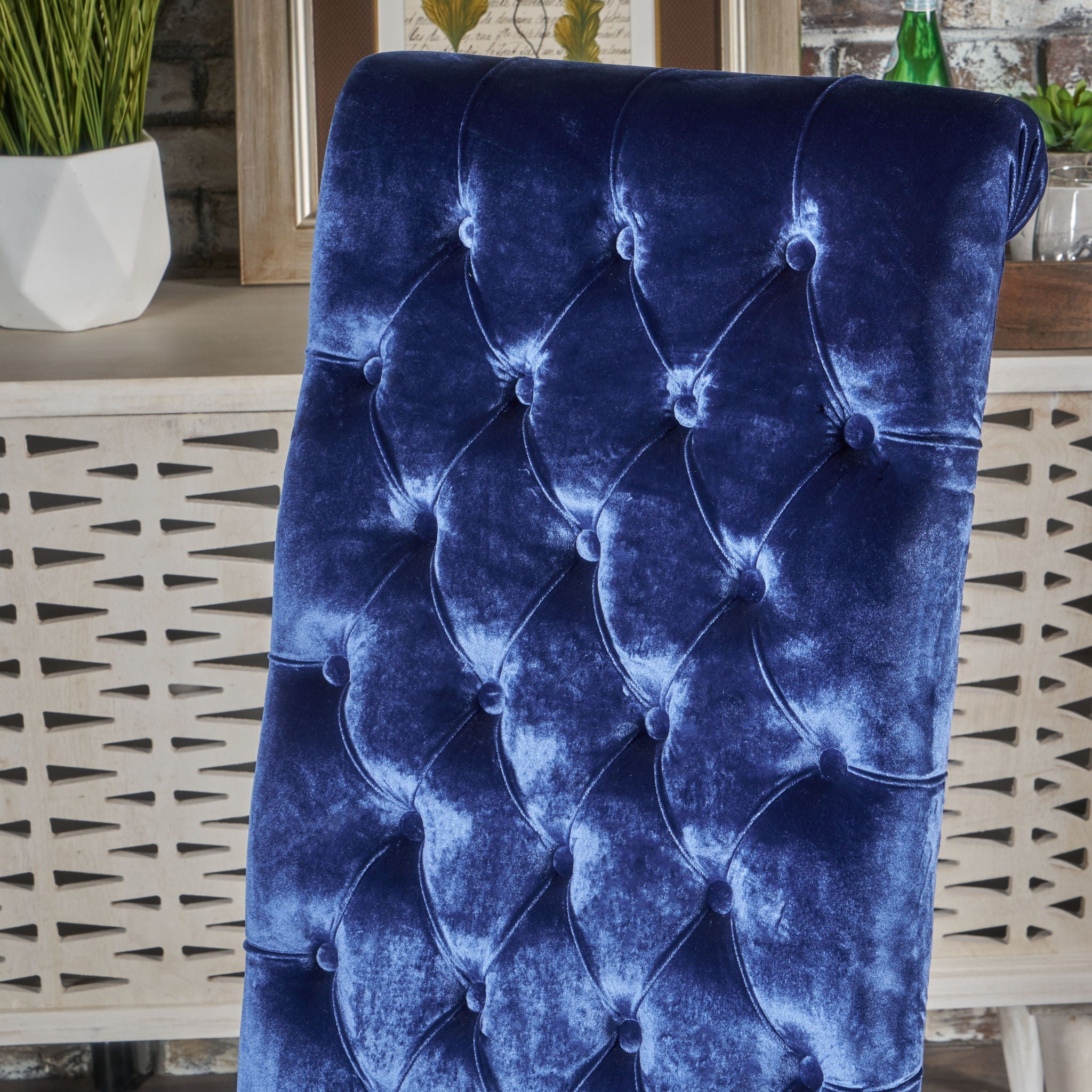 Elegant George Hi Back Dining Chair (Set of 2) With Tufted Velvet - Navy Blue