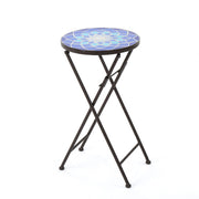 Outdoor Folding Accent Table With Glass Top And Iron Frame - White / Blue