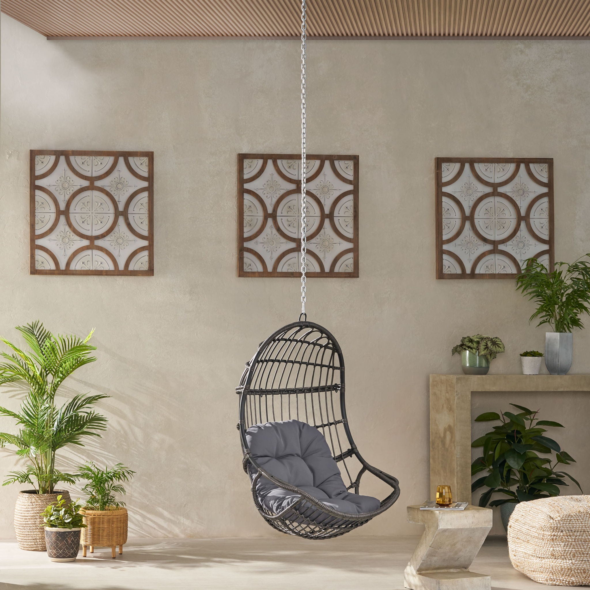 Rustic Hanging Basket Chair With Cushion