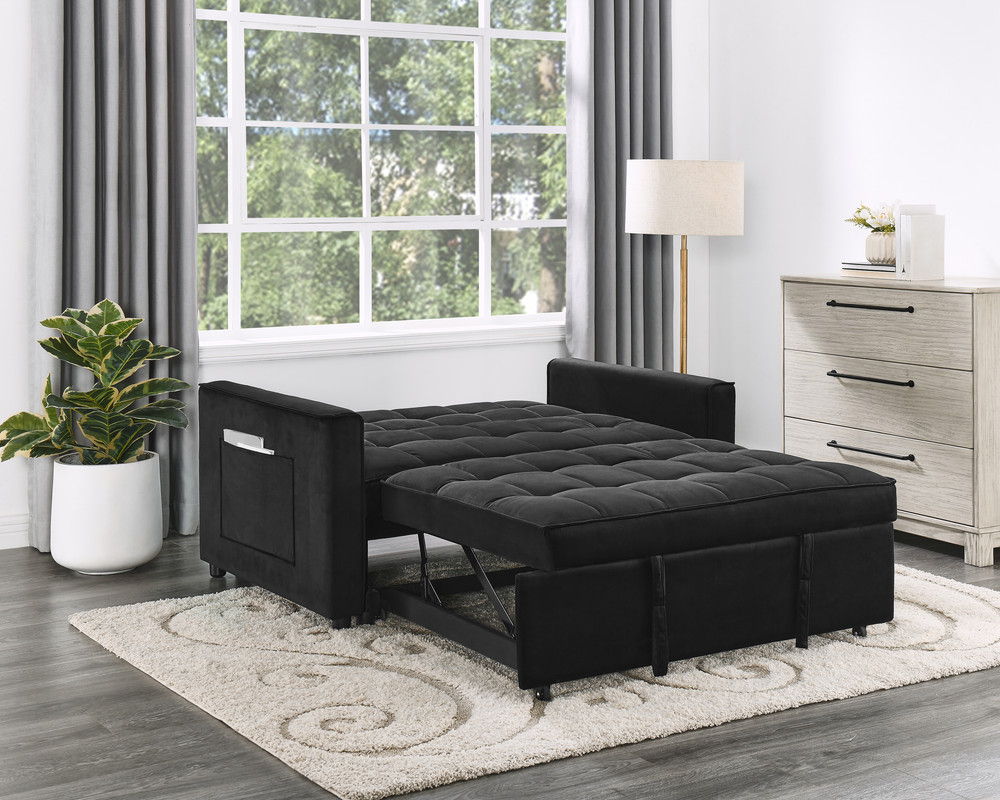 Maeve 53.5"W Black Velvet Convertible Sleeper Loveseat with Tufting and Side Pockets