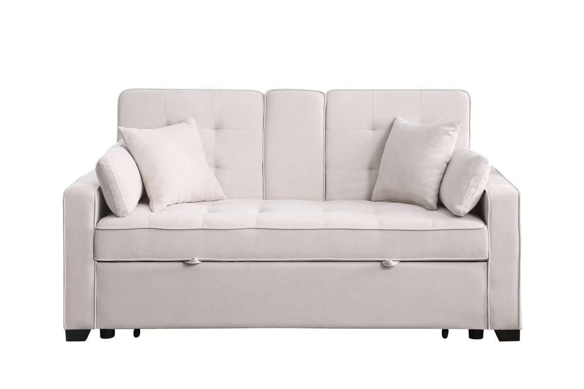 Cody II 70"W Beige Woven Fabric Convertible Sleeper Loveseat with Dropdown Console, Cup Holders, Charging Ports, Pocket, and Pocket Coil Seating