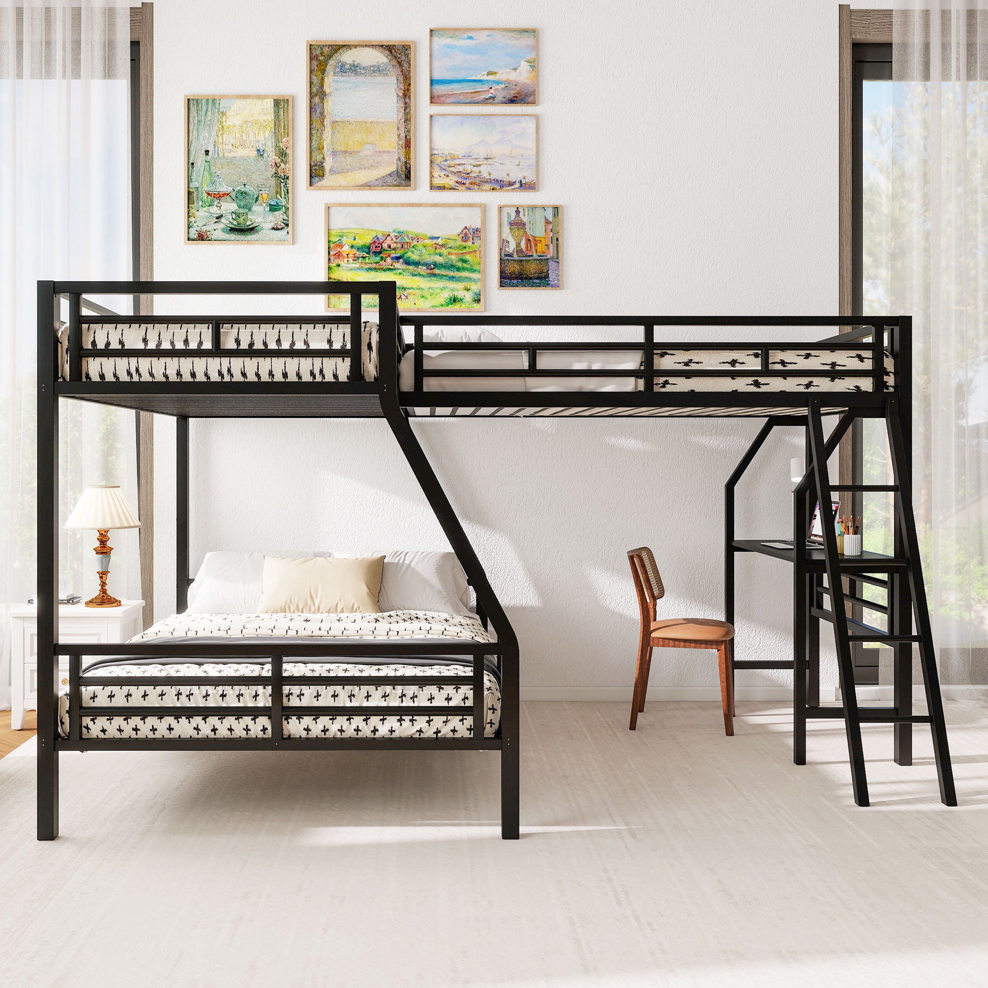 Twin Over Full Bunk Bed With Loft And Desk, L-Shaped Design For 3 Sleepers - Black