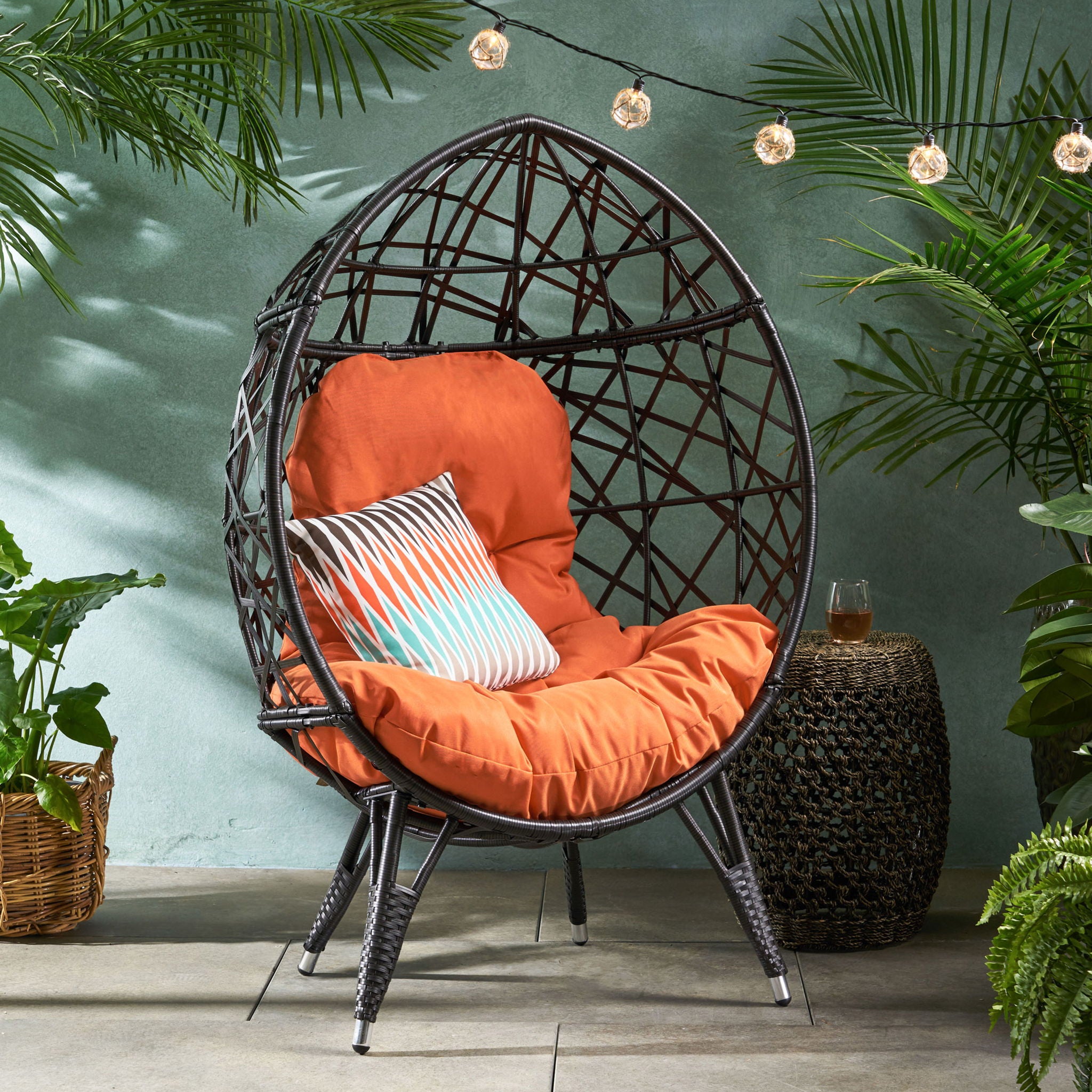Outdoor Wicker Teardrop Chair With Cushion - Orange / Brown
