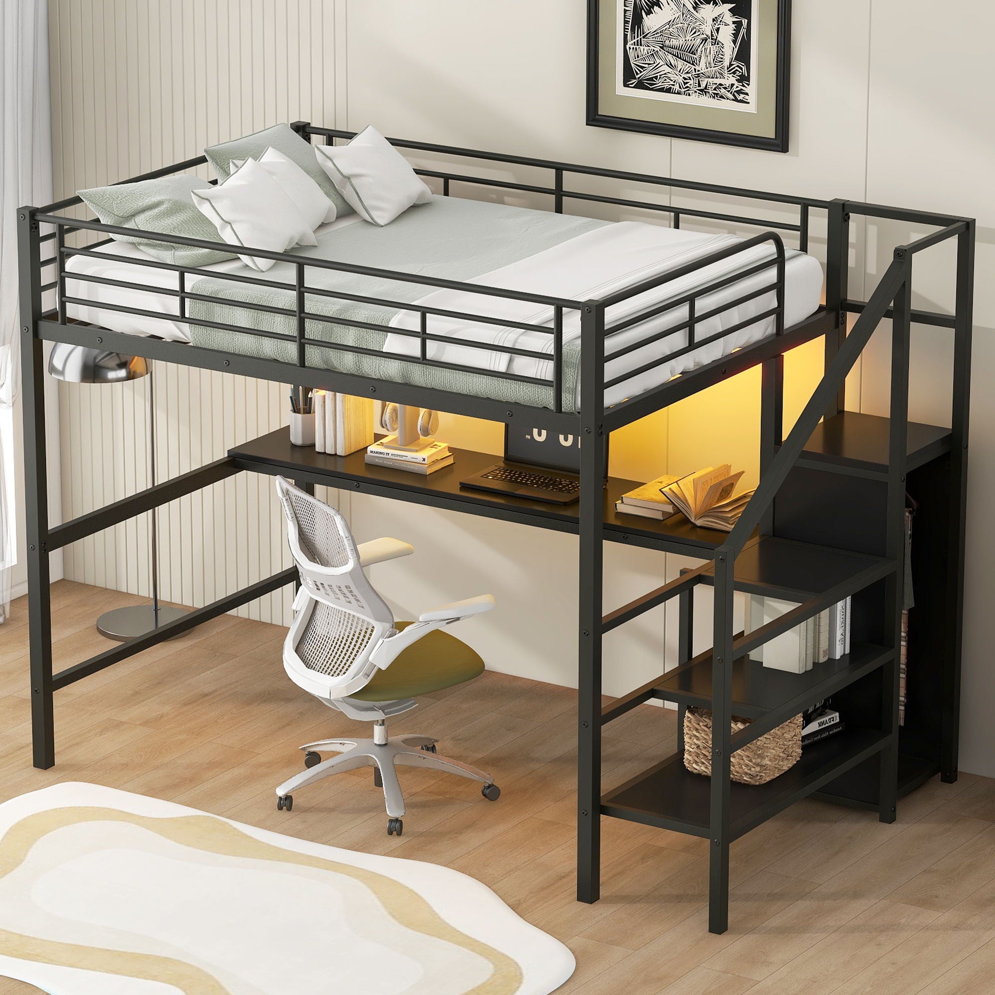 Full Size Loft Bed With Desk, Storage Staircase, Small Wardrobe And LED Light - Black