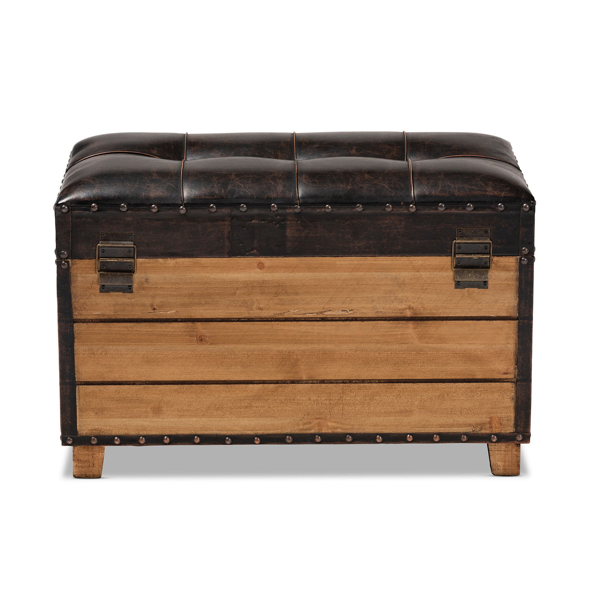 Marelli Rustic Dark Brown Faux Leather Upholstered 2-Piece Wood Storage Trunk Ottoman Set