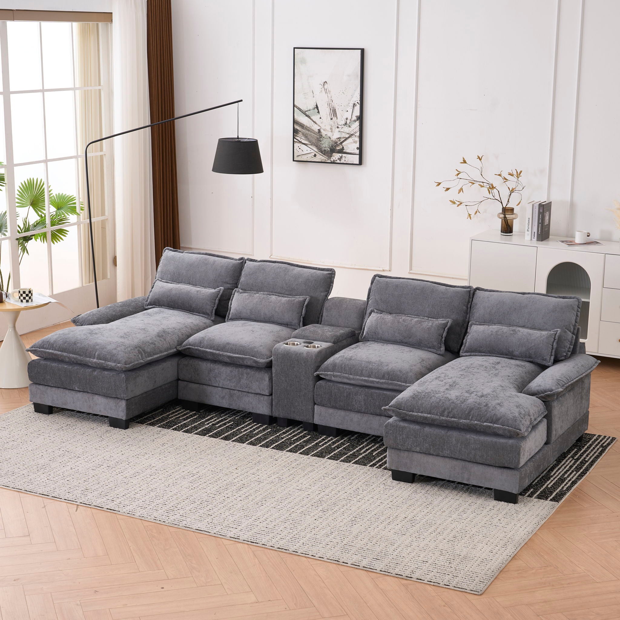 U Shaped Sofa With Console, Cupholders, USB Ports, 6 Seat, Bronzing Suede & Chenille