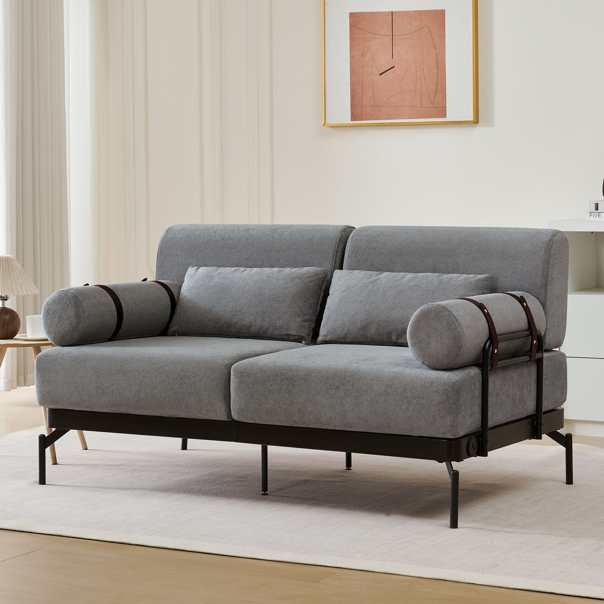 Modern Loveseat Sofa 2 Seater With USB Ports, Cylindrical Armrests