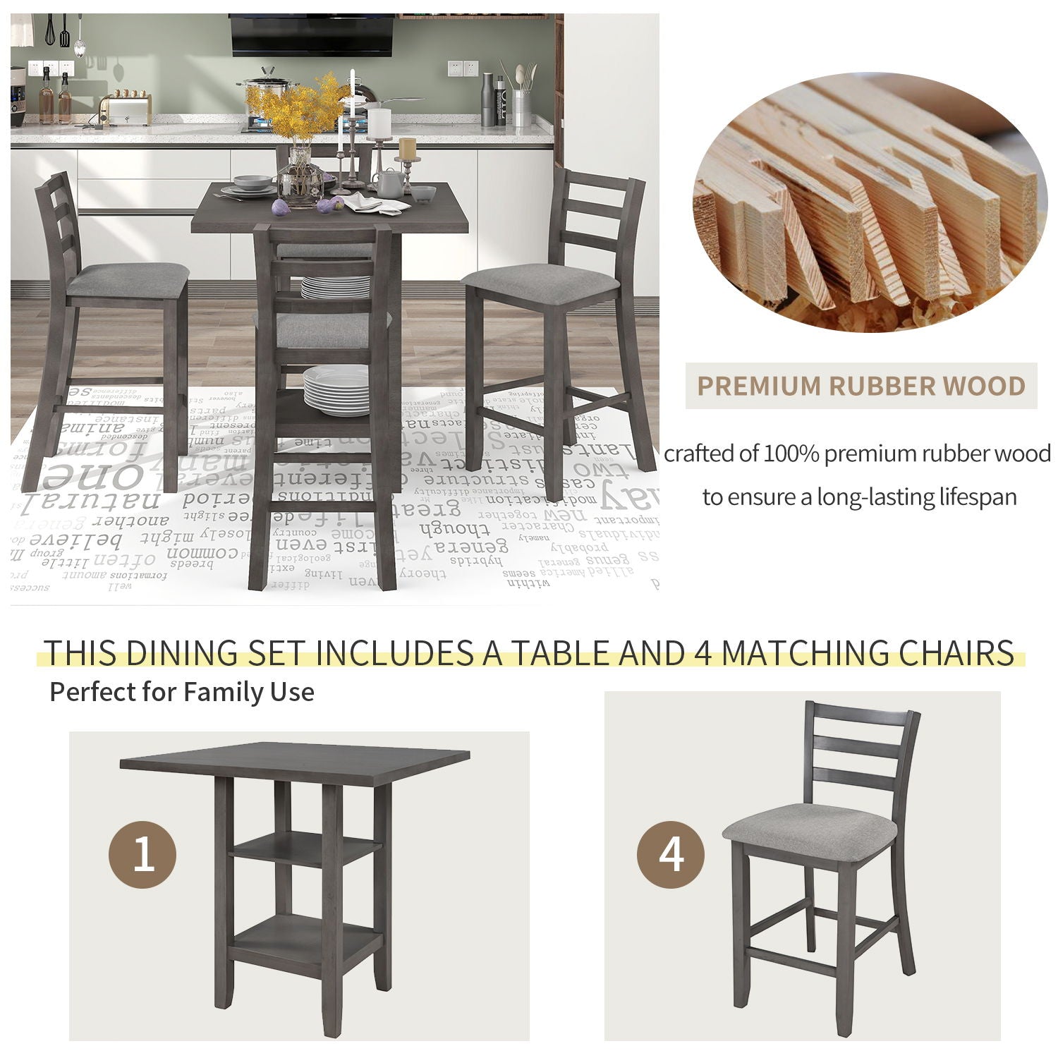 5 Piece Wooden Counter Height Dining Set With Padded Chairs, Storage Shelving