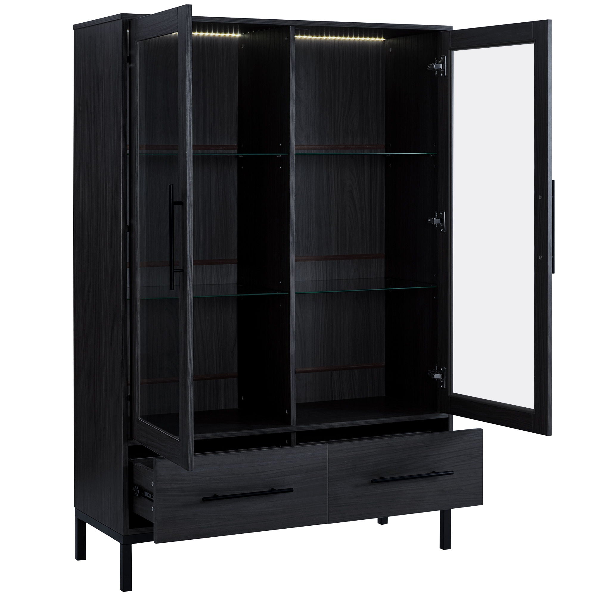 Modern Style Tall Display Cabinet With LED Lighting, Tempered Glass Door, 2 Drawers