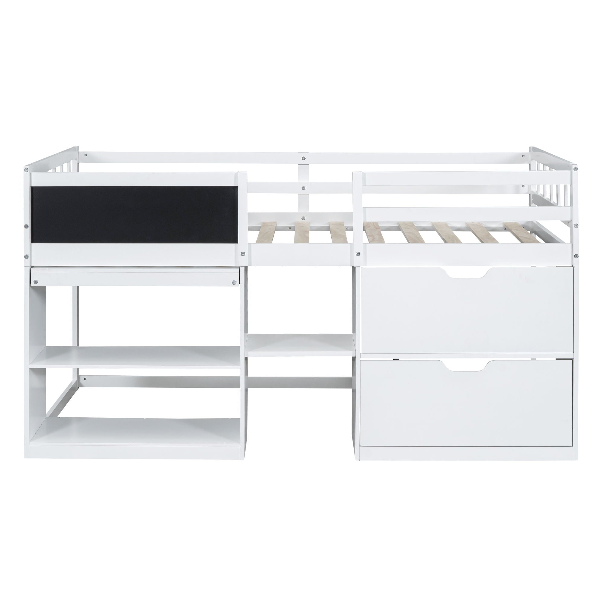Low Loft Bed With Rolling Desk, Shelf And Drawers