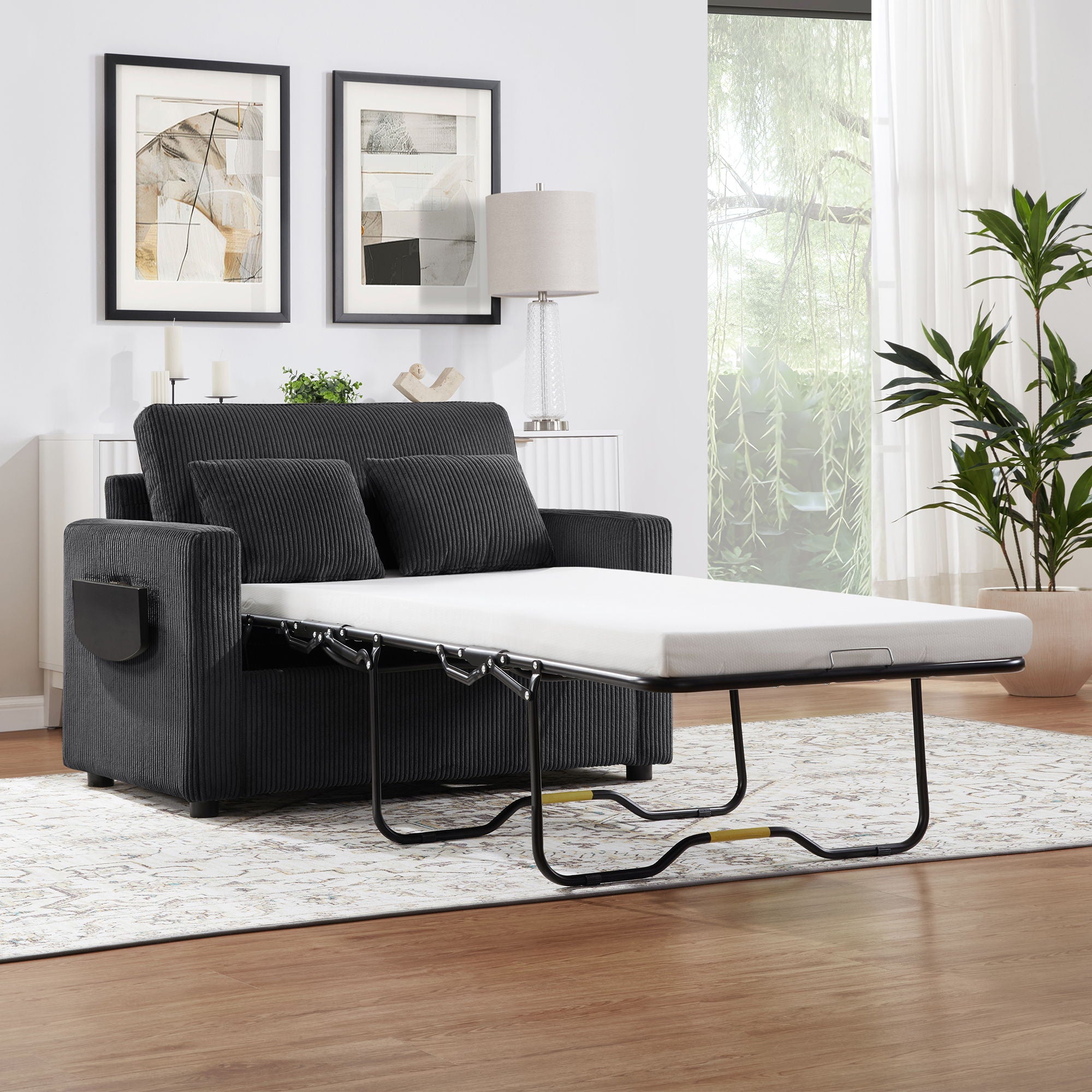 Sleeper Sofa With Foldable Mattress, USB Ports, Side Table & Storage Pocket