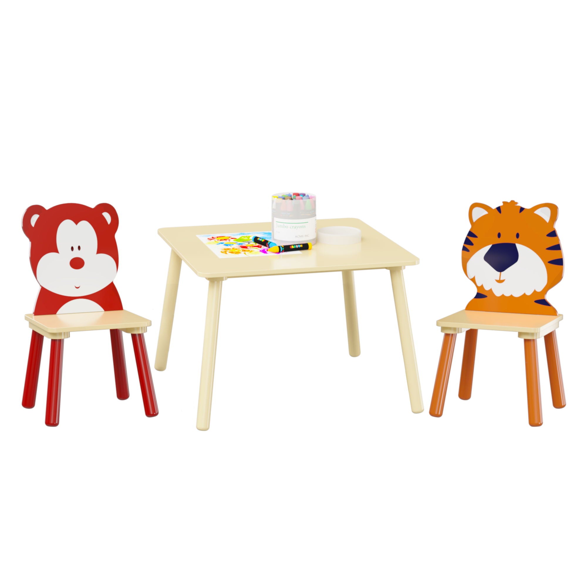 Table And 2 Chairs Set, Activity Play Table Set With Bear & Tiger Design - Natural