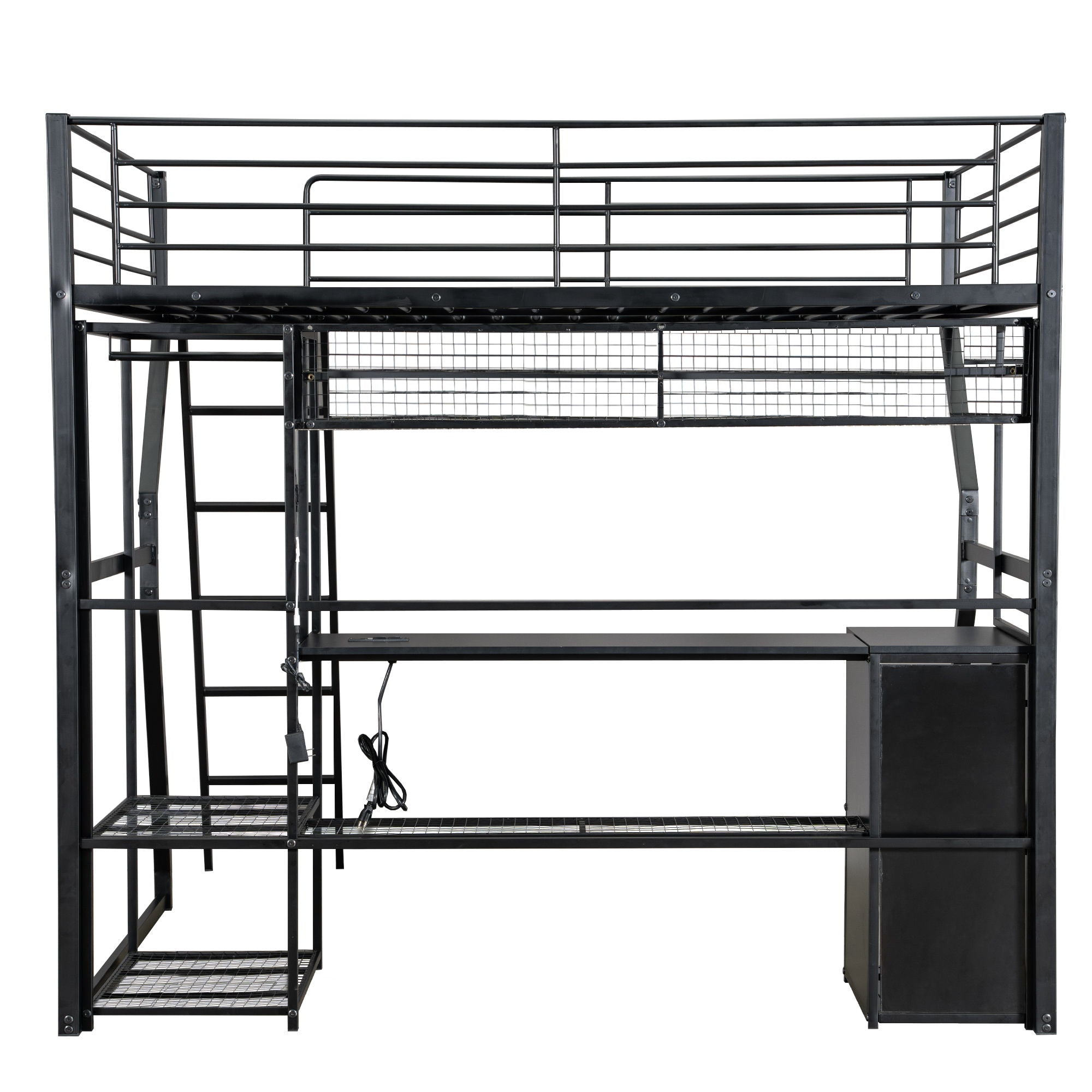 Full Size Gaming Loft Bed With Built In Work Station, Open Wardrobe, LED And Multiple Storage - Black