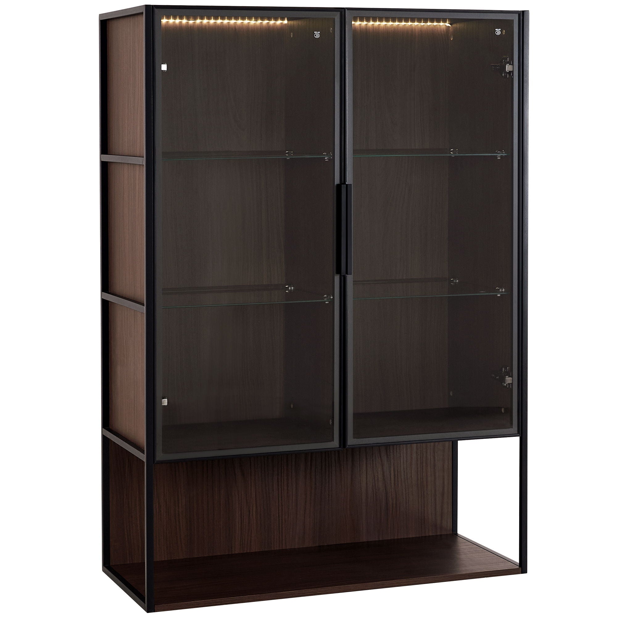 Modern Minimalist Tall Lighted Display Cabinet With Tempered Glass Door - Black / Dark Walnut