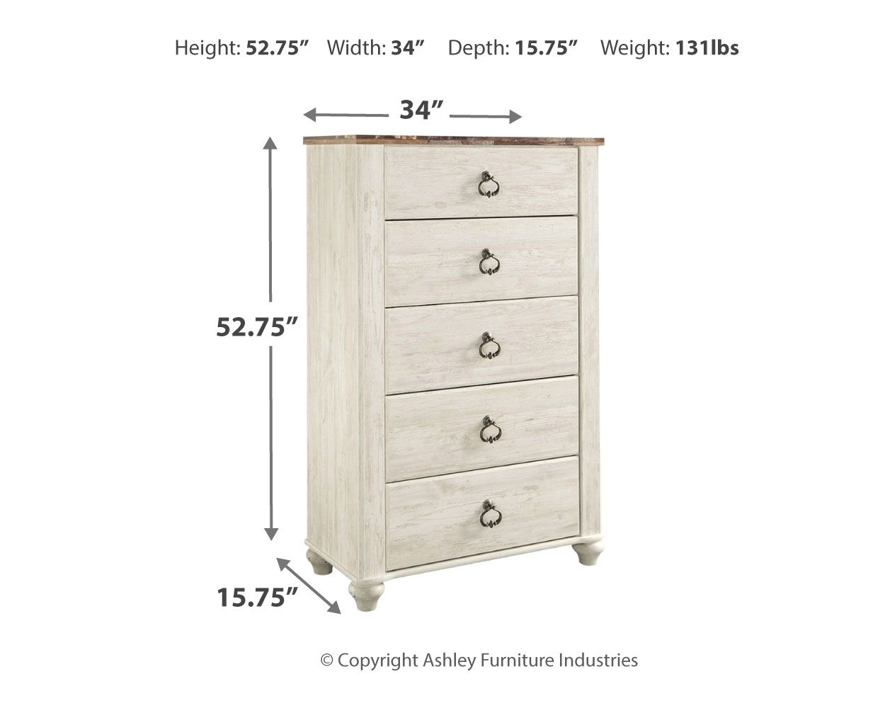Ashley Furniture Willowton - Brown / Beige / White - Five Drawer Chest | Meri Furniture