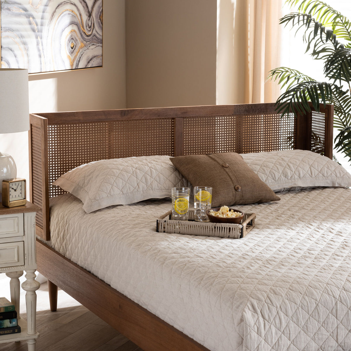 Rina Mid-Century Modern Ash Wanut Finished Wood and Synthetic Rattan King Size Wrap-Around Headboard