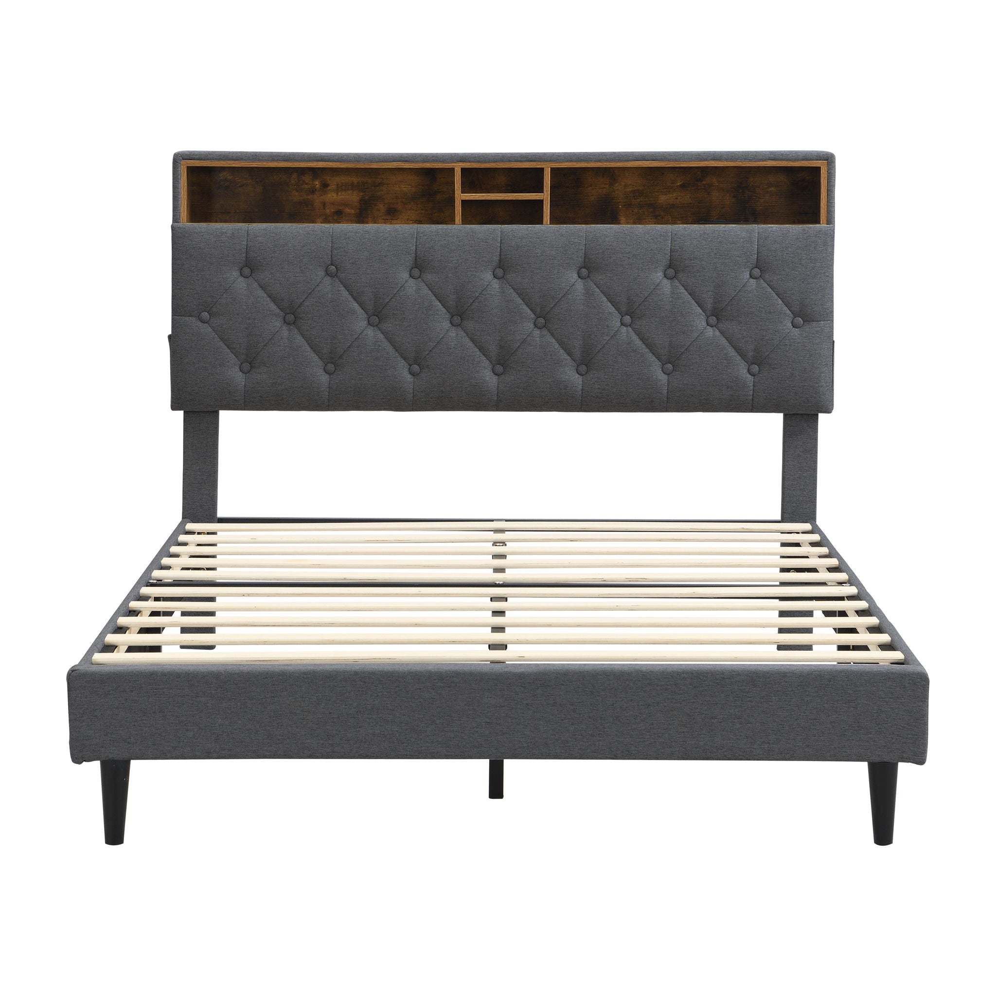 Modern Upholstered Platform Bed Frame With Button Tufted Headboard And USB Ports