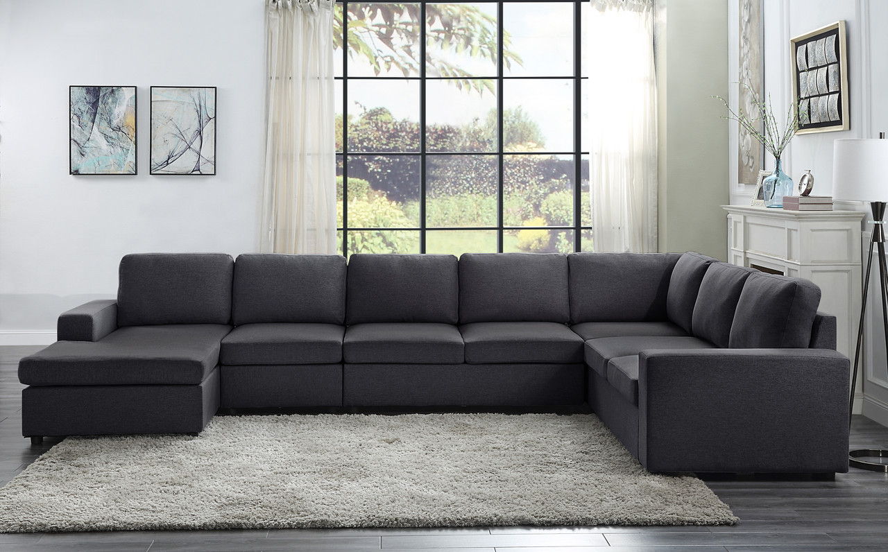 Tifton 146.5"W Modular Sectional Sofa with Reversible Chaise in Dark Gray Linen
