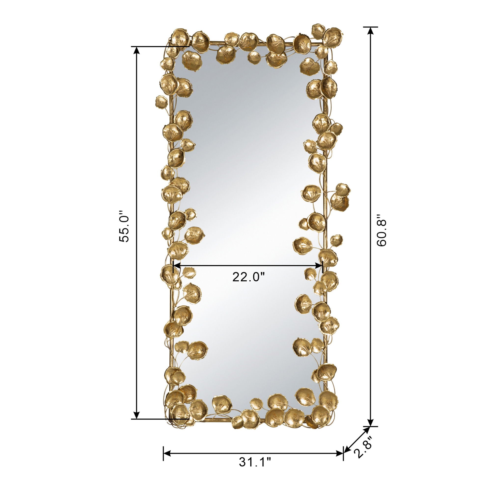 Full Length Mirror With en Leaf Accents, Floor Miiror For Living Room Bedroom - Gold