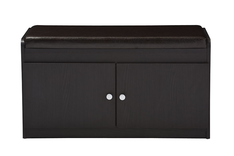 Margaret Modern and Contemporary Dark Brown Wood 2-Door Shoe Cabinet with Faux Leather Seating Bench