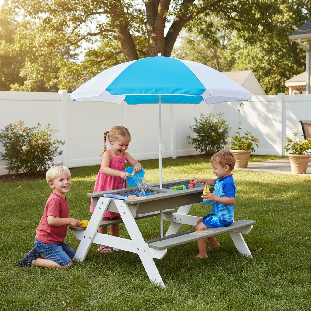 Wooden Kids Picnic Table, Sand And Water Table With Umbrella, Activity Table For Outdoor Backyard Patio Play - White / Gray