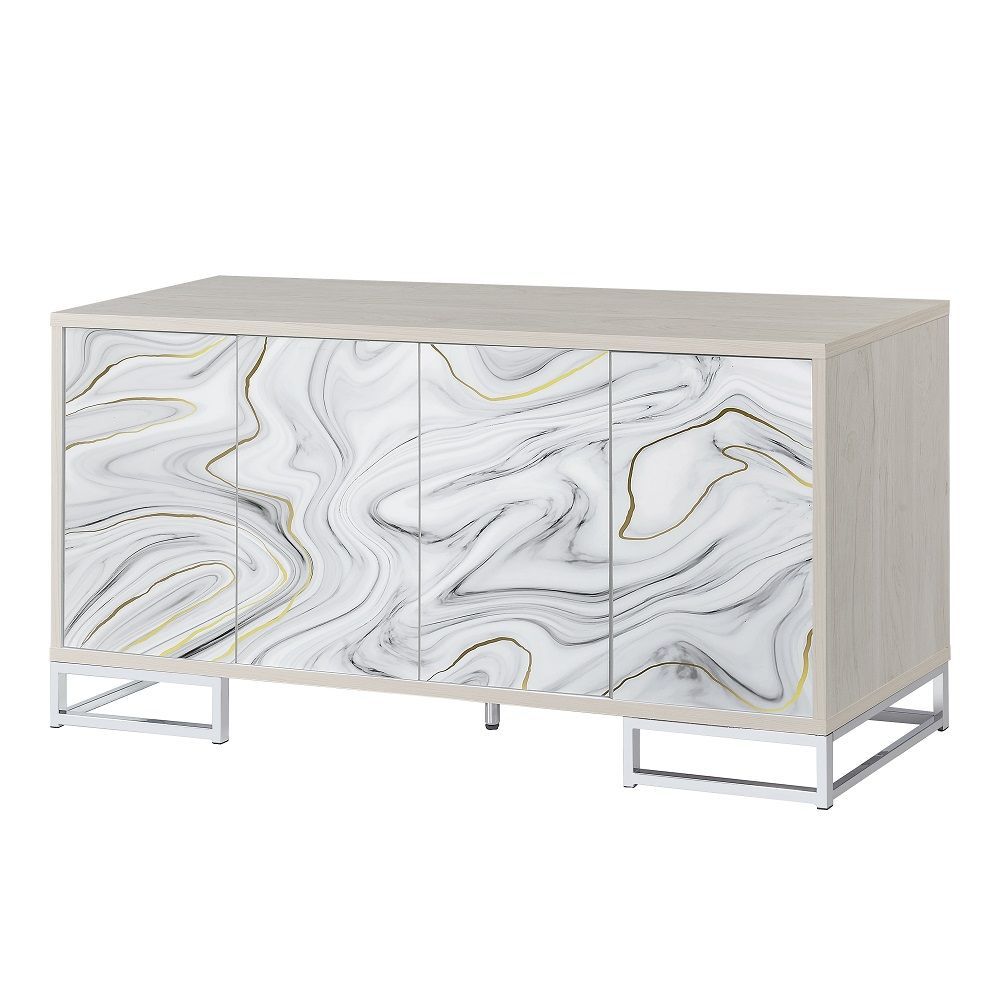 ACME Panos - Console Cabinet - White Marble Print & Chrome | Meri Furniture