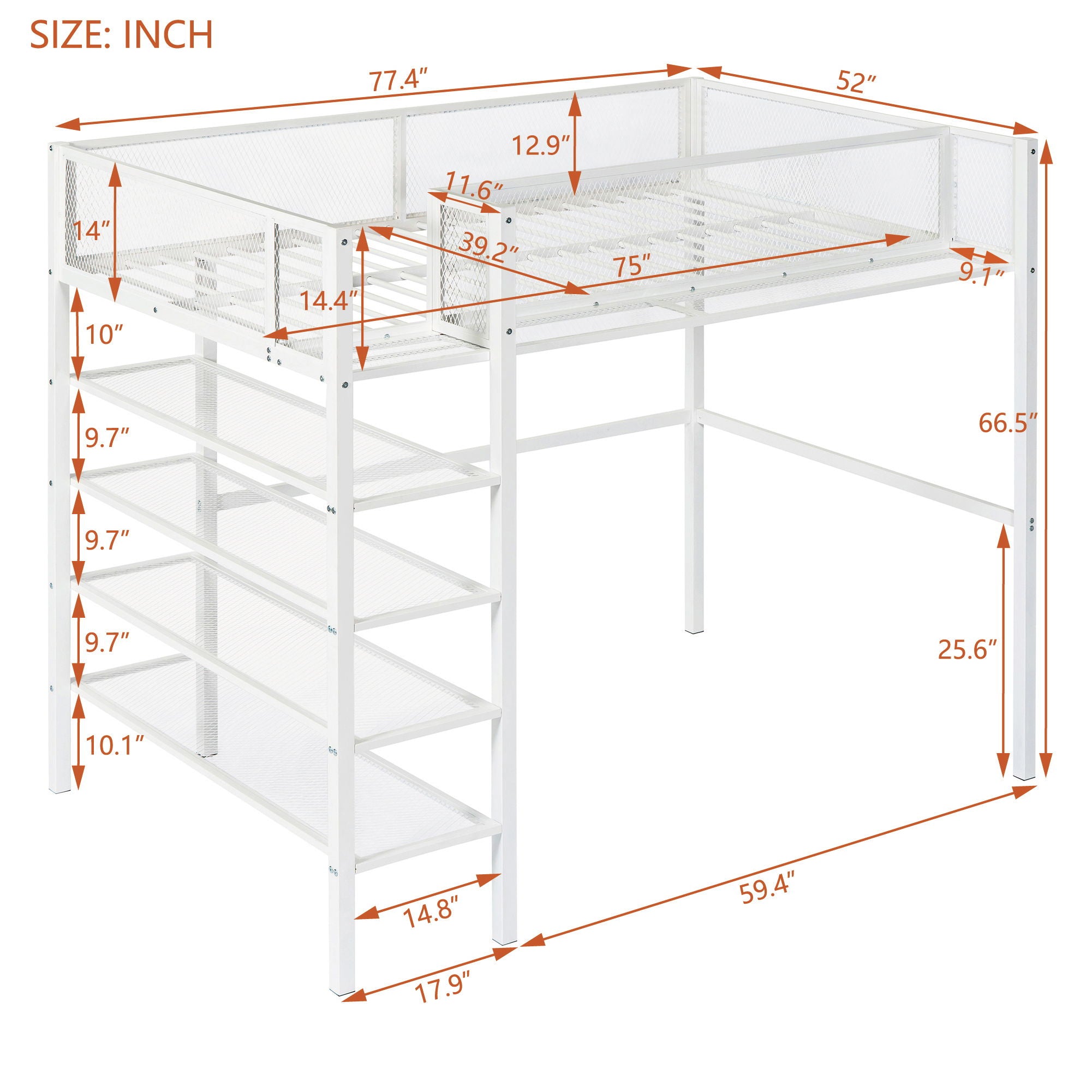 Loft Bed With 4 Tier Shelves And Storage