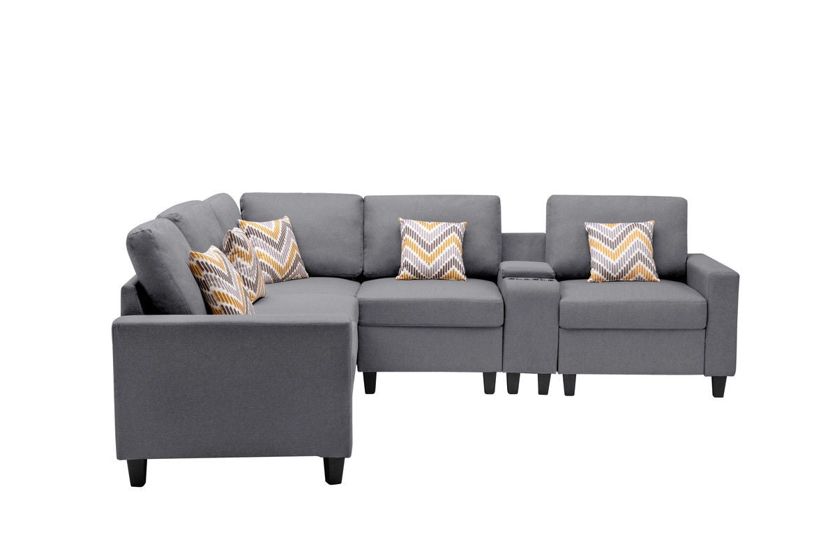 Nolan 106"W Gray Linen Fabric 6Pc Reversible Sectional Sofa with a USB, Charging Ports, Cupholders, Storage Console Table and Pillows and Interchangeable Legs