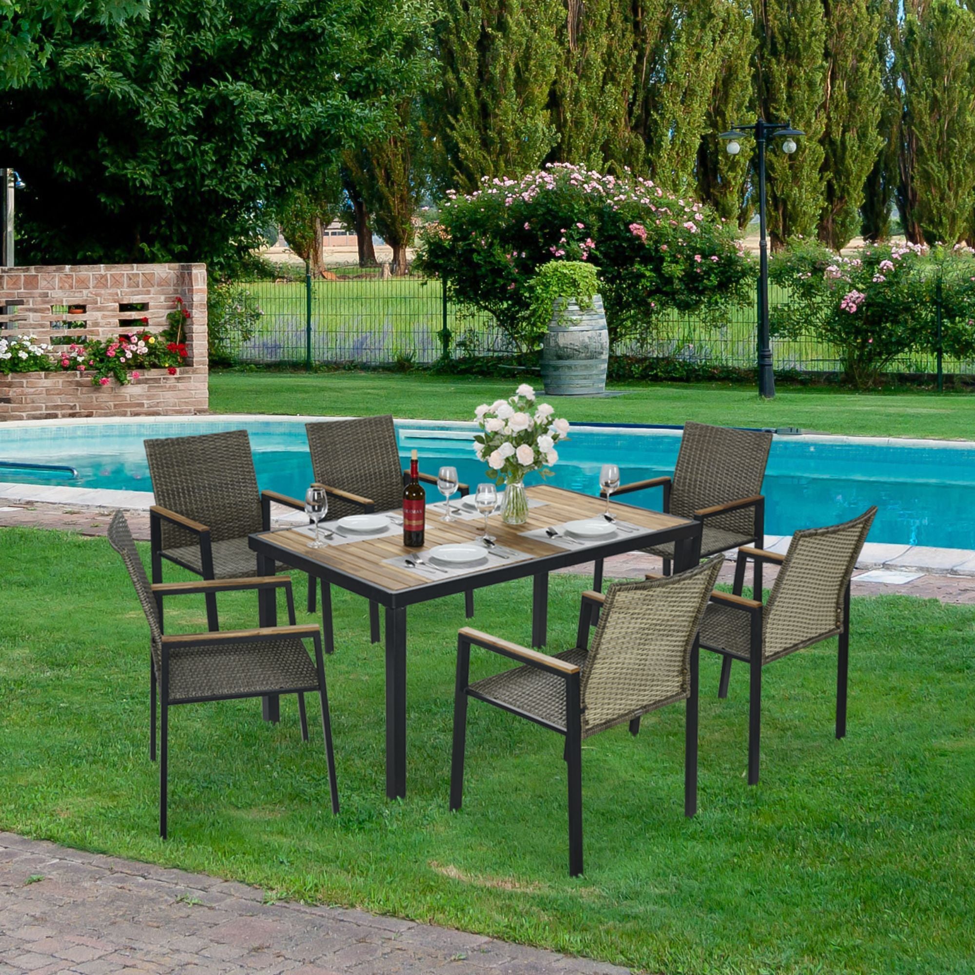 All Weather 7 Piece Patio Dining Table Set With Umbrella Hole - Brown / Gray