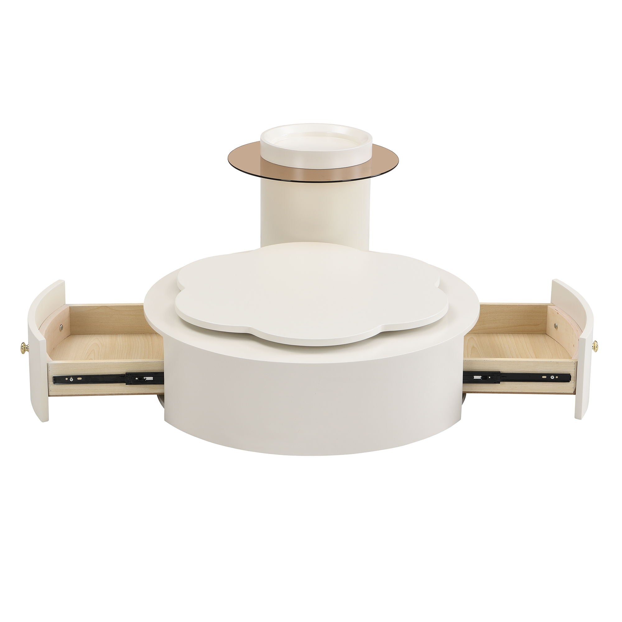 Modern Round Coffee Table (Set of 2), 360 Degree Rotatable Flower Shaped Top With 2 Drawers, Top Circle Side Table End Table With Glass For Living Room - Off White