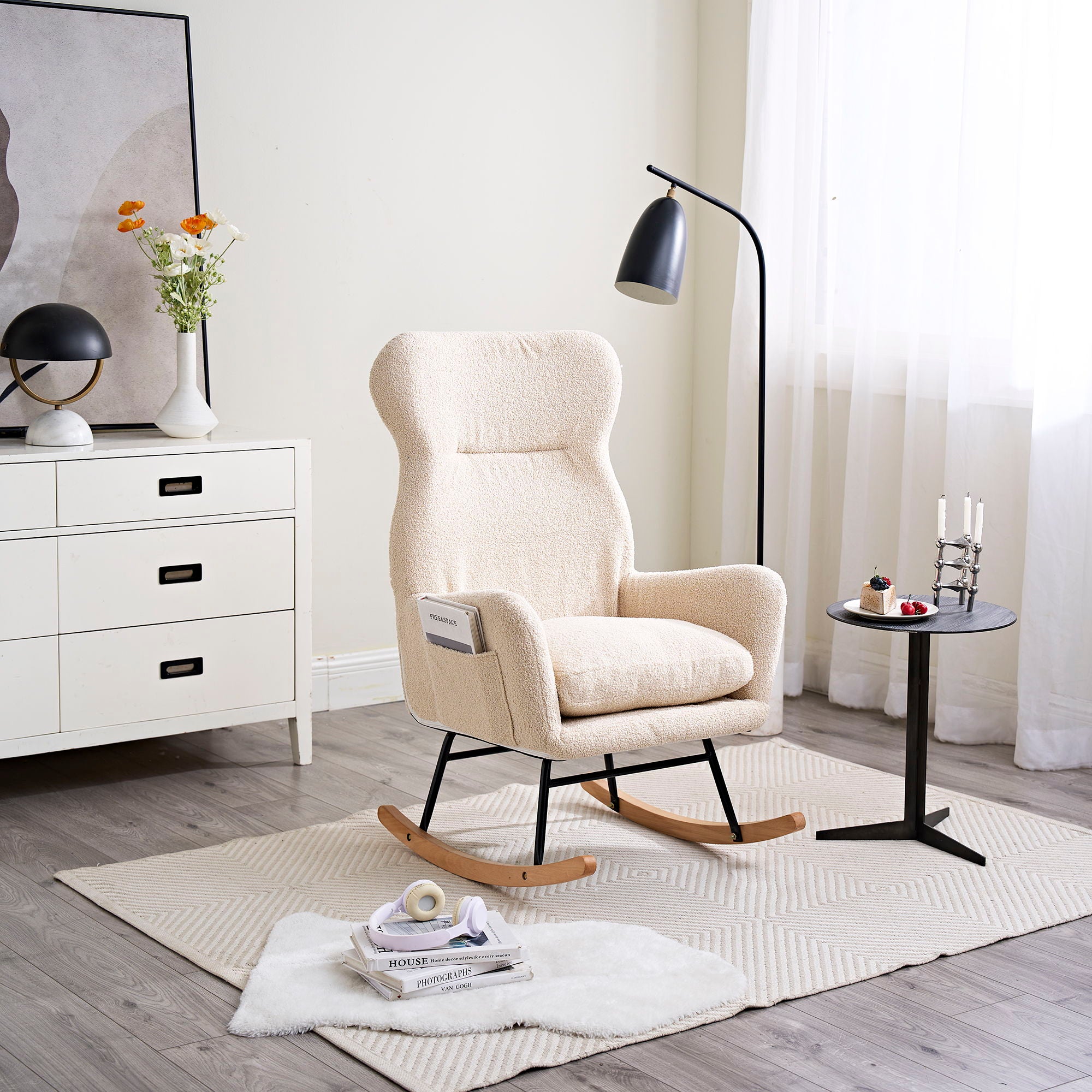 Modern Teddy Fabric Rocking Chair With High Backrest And Armrests Lounge Accent Chair For Living Room - Beige