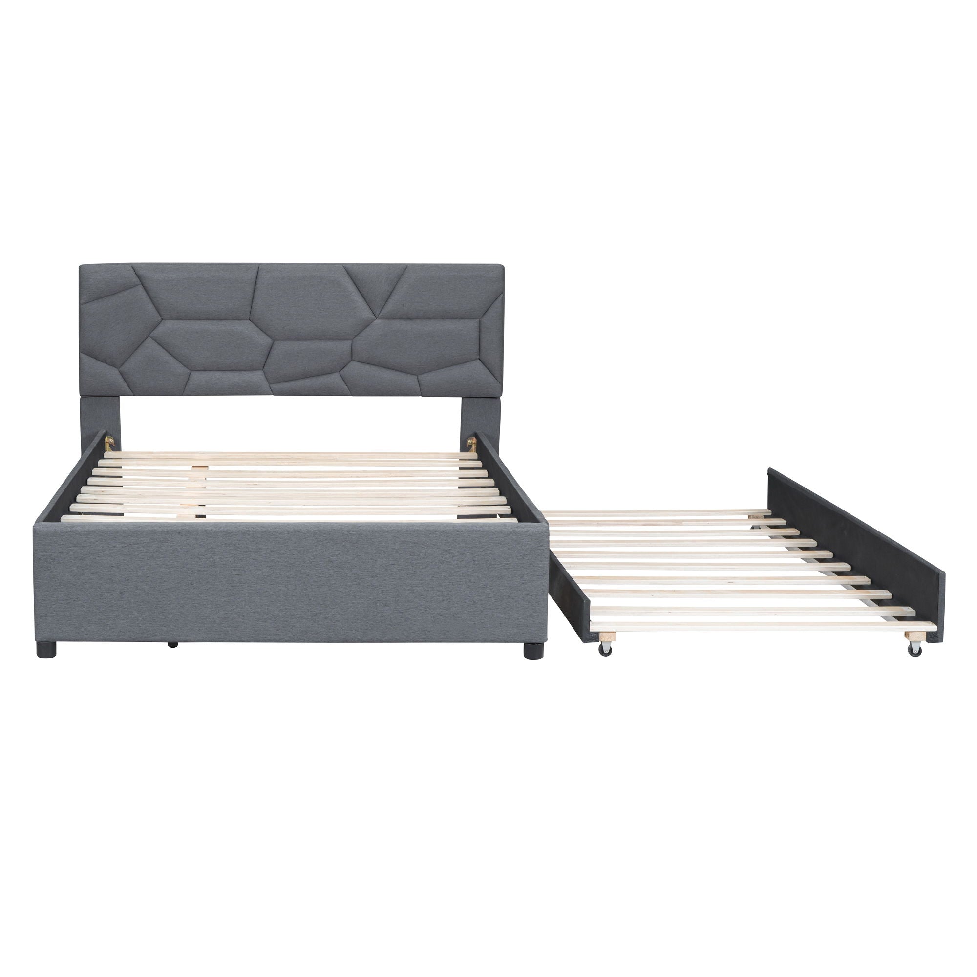 Upholstered Platform Bed With Brick Pattern Headboard And Twin Long Size Trundle