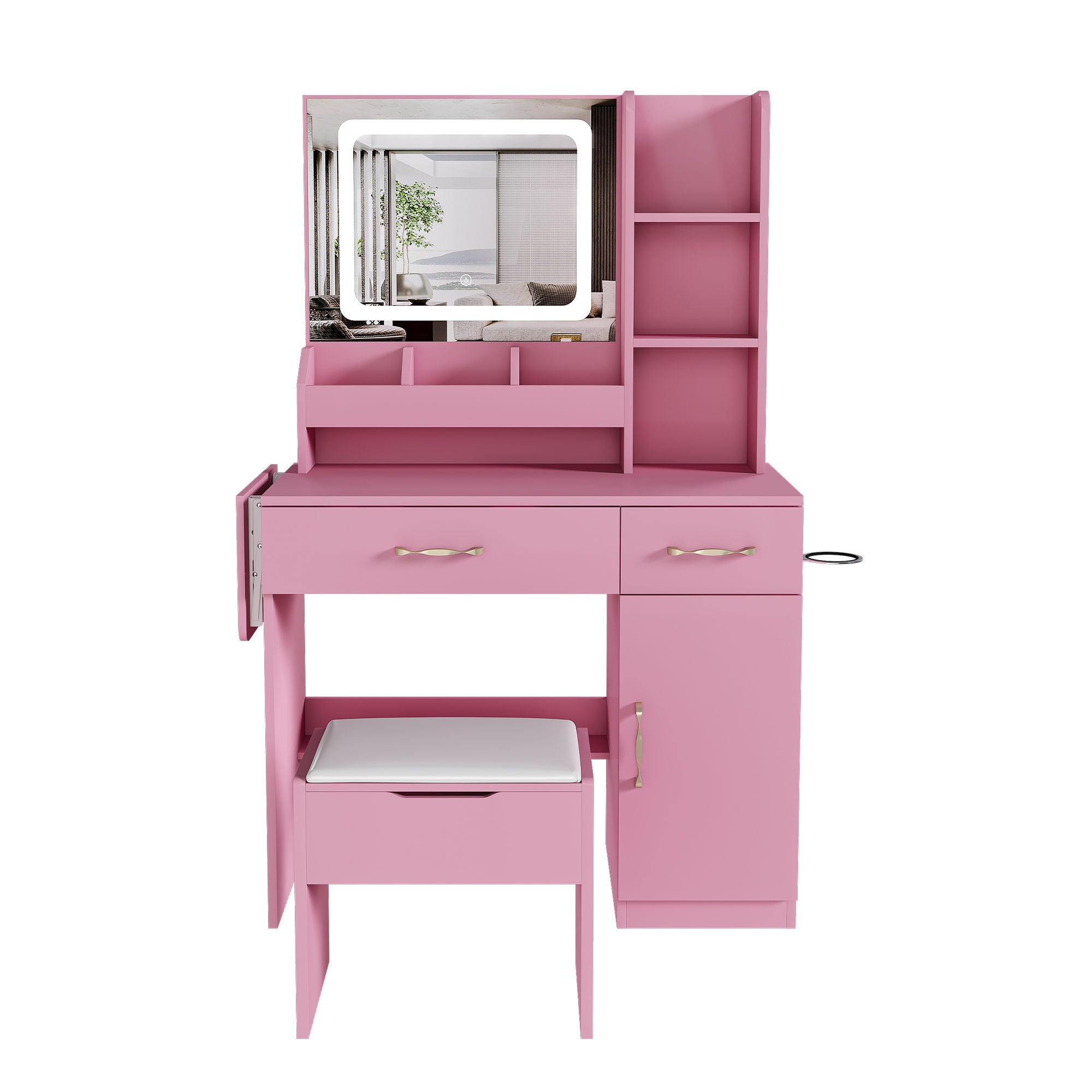 Vanity Desk With LED Mirror Lights And Power Outlet Charging Station, 3 Drawers, 7 Shelves, Storage Stool - Pink