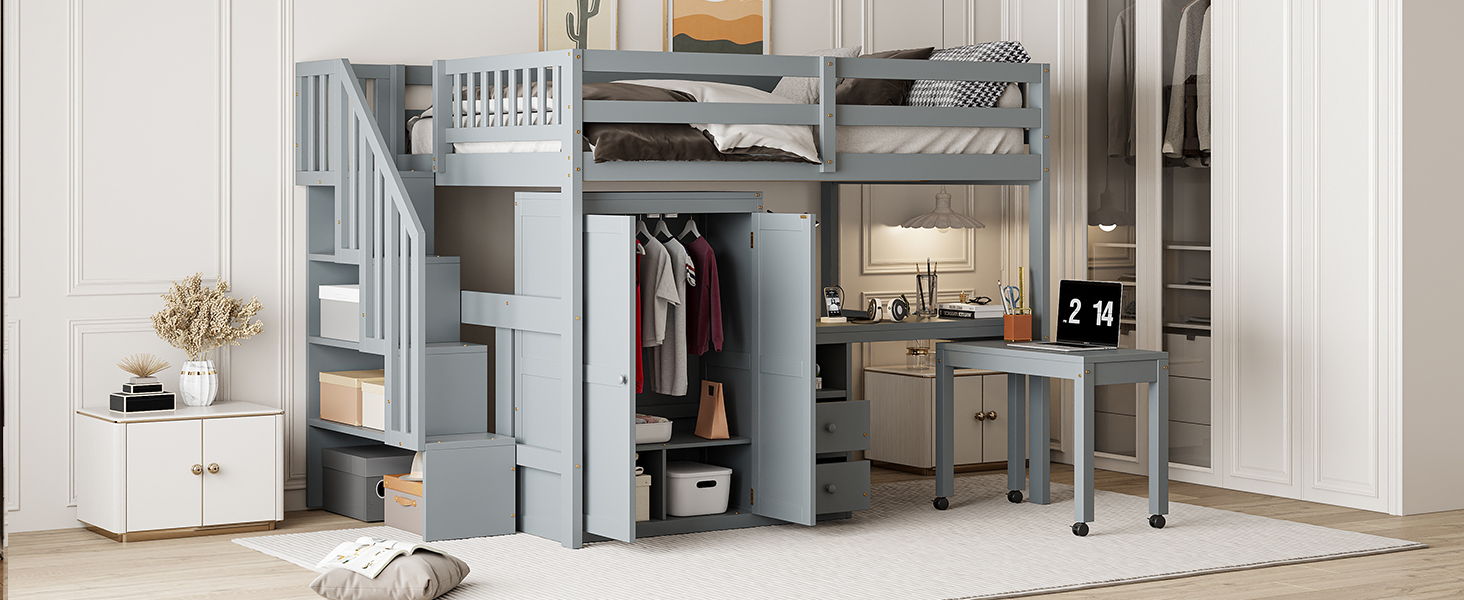 Loft Bed With Stairs, Bookshelf, Drawers, Desk & Wardrobe, Space Saving Multifunctional Furniture