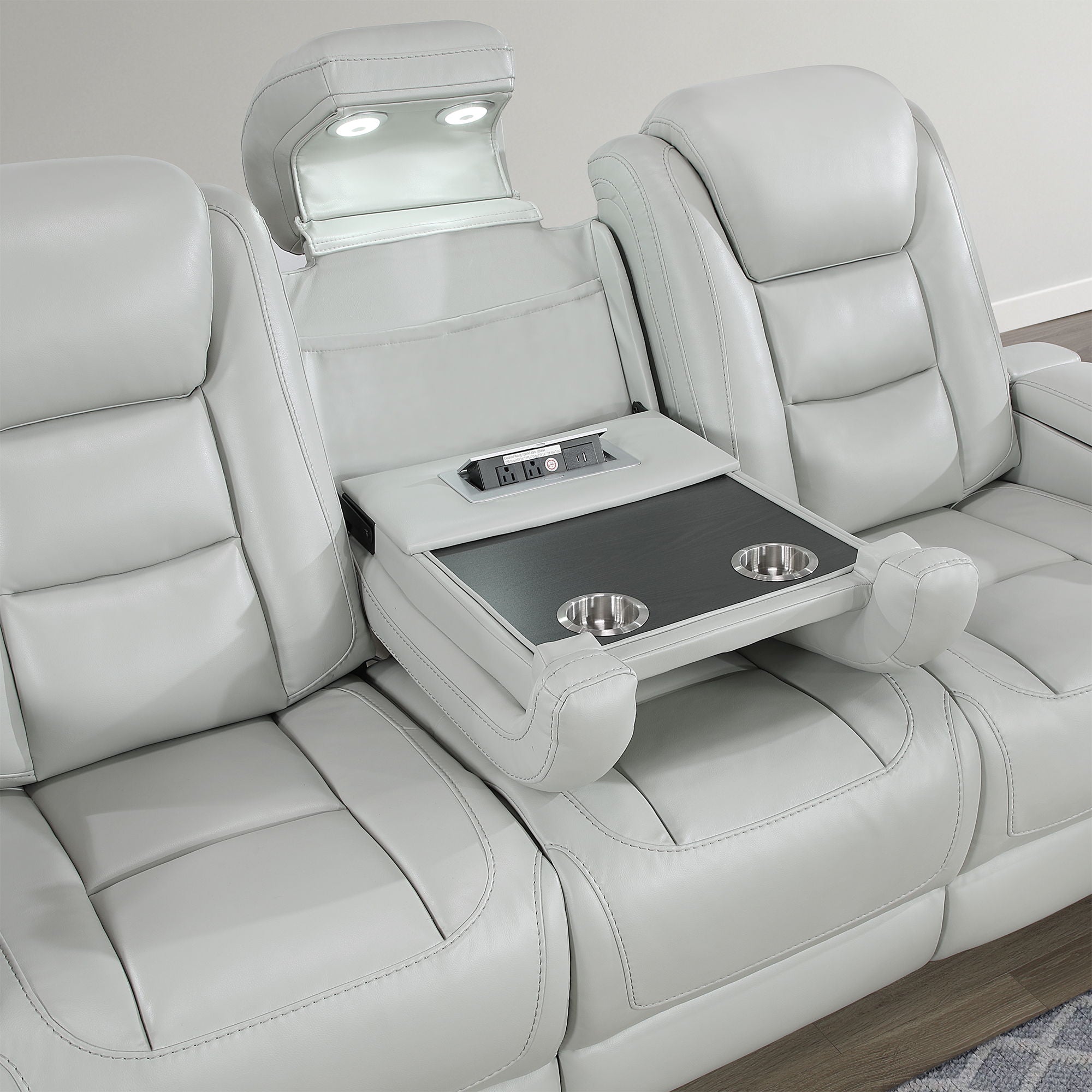 Power Sofa With USB LED Headrest, Bookshelf Arms, And Storage - Gray