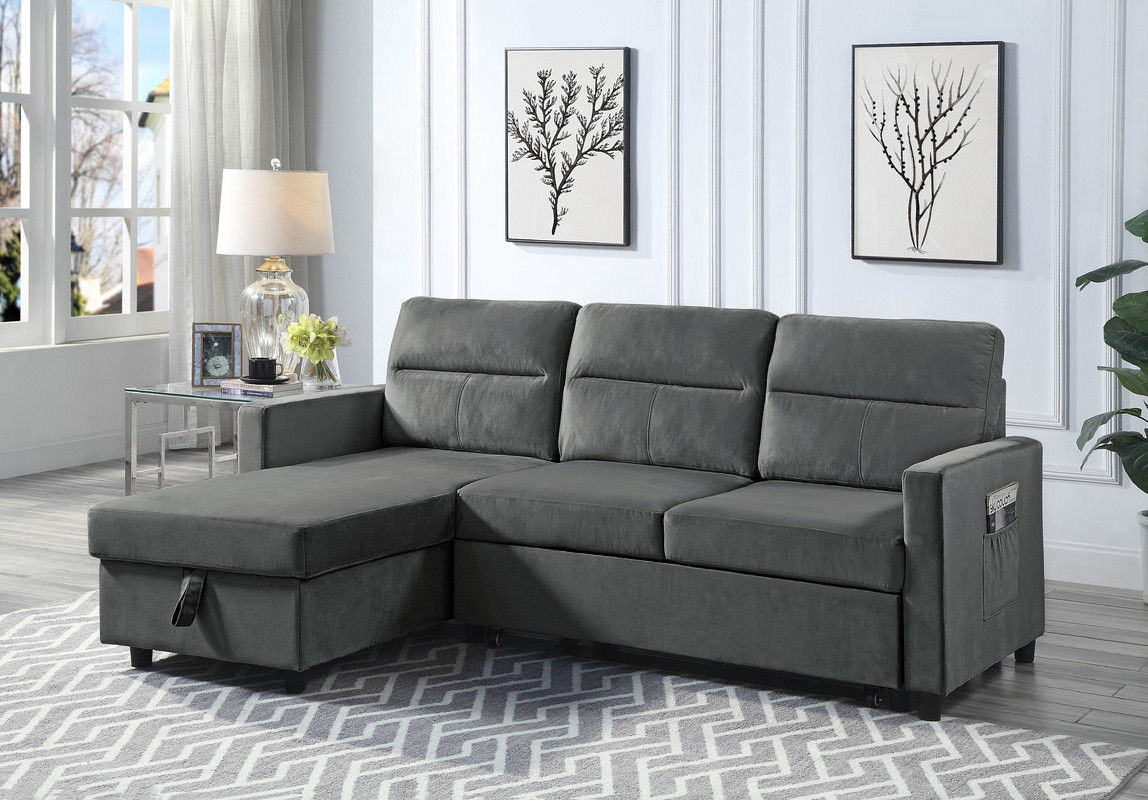 Ivy 81.5"W Dark Gray Velvet Reversible Sleeper Sectional Sofa with Storage Chaise and Side Pocket