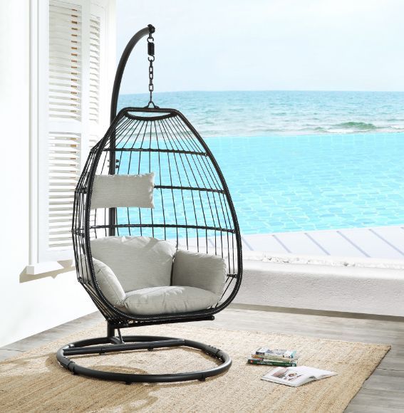 ACME Oldi - Patio Swing Chair - Beige Fabric & Black Wicker | Meri Furniture