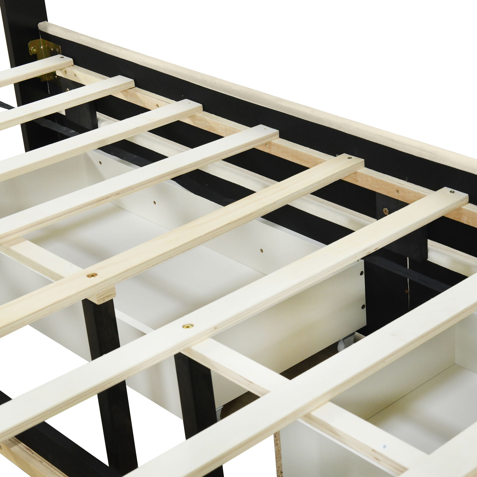 Upholstered Platform Bed With 2 Drawers And 1 Trundle, Classic Strip Headboard Design