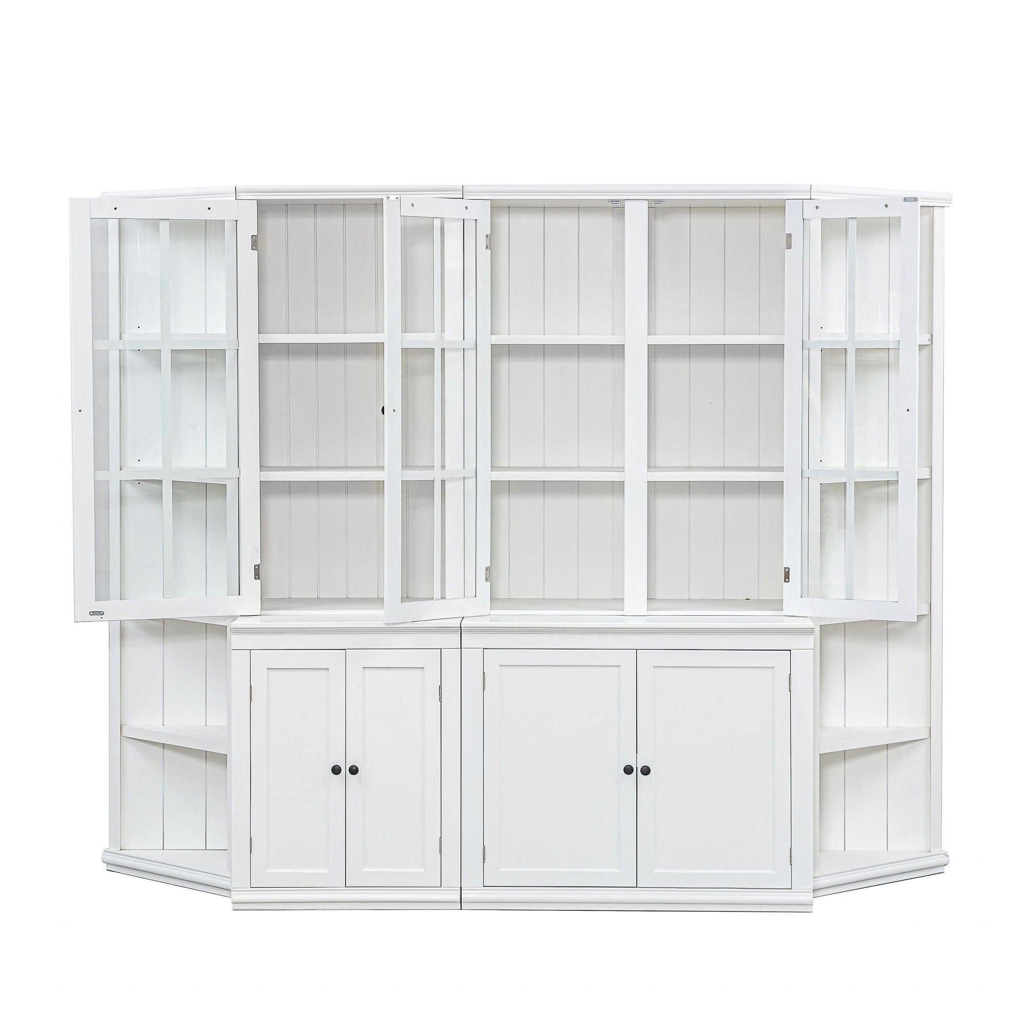 Retro Style Wall Suit With Glass Doors, 75.25" Tall Display Cabinets & Triangle Sided Bookshelves - White