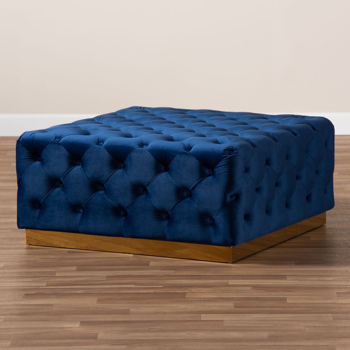 Verene Glam and Luxe Royal Blue Velvet Fabric Upholstered Gold Finished Square Cocktail Ottoman
